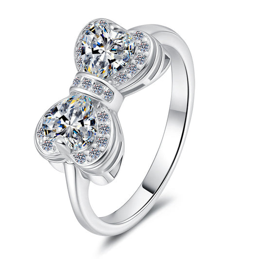 【#328】925 Sterling Silver Bowknot Moissanite Ring Double Heart Sparkle Ring Women Jewelry Gift