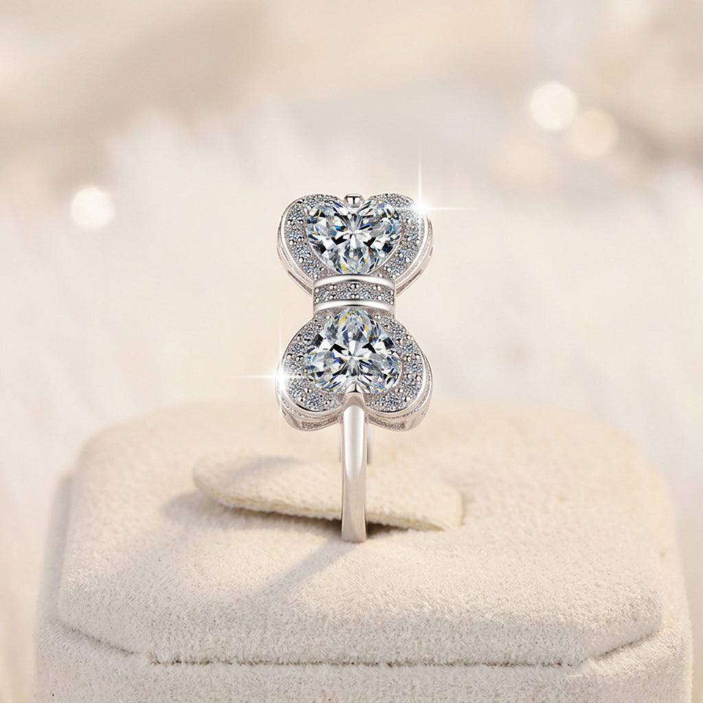 【#328】925 Sterling Silver Bowknot Moissanite Ring Double Heart Sparkle Ring Women Jewelry Gift