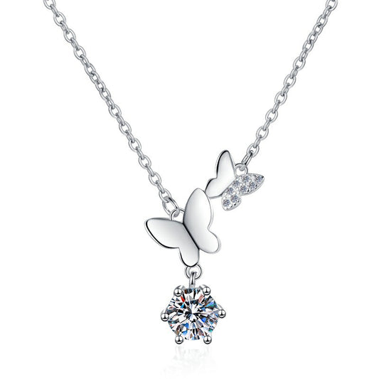 【#336】925 Sterling Silver Moissanite Butterfly Pendant Necklace Sparkling Round Cut Gemstone Fine Jewelry Gift for Women
