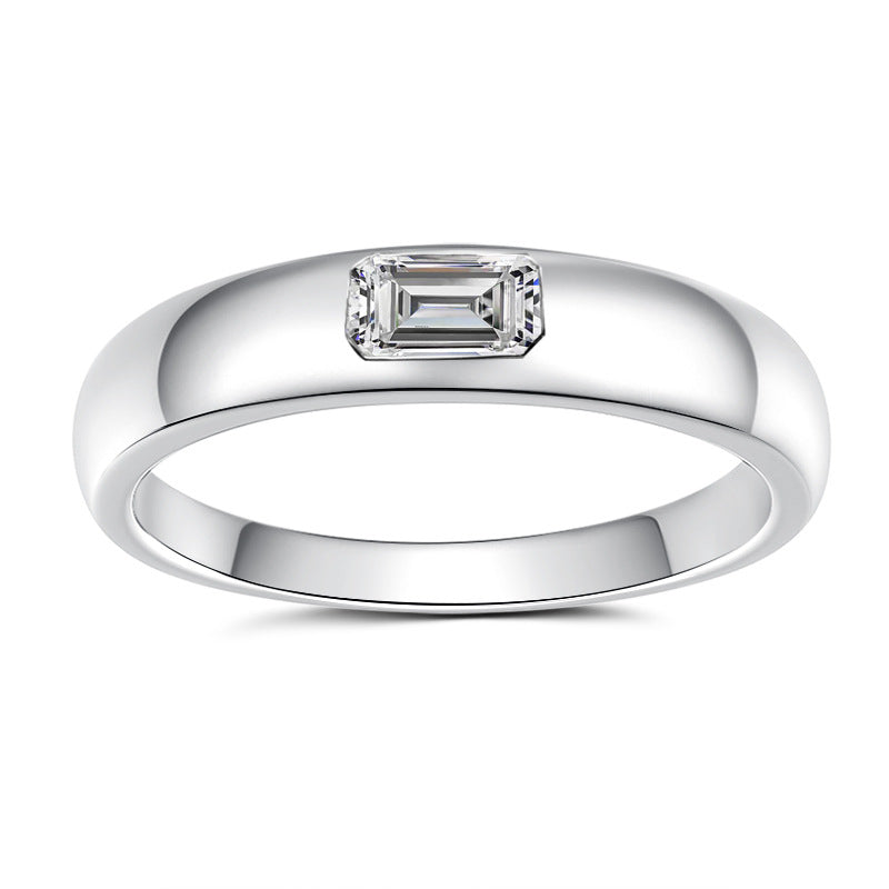 【#306】925 Sterling Silver Moissanite Ring Emerald Cut Bezel Set Sleek Band Fine Gemstone Jewelry Gift for Women