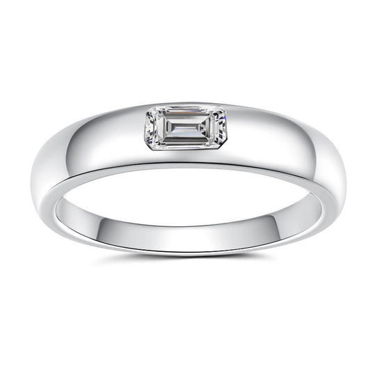 【#306】925 Sterling Silver Moissanite Ring Emerald Cut Bezel Set Sleek Band Fine Gemstone Jewelry Gift for Women