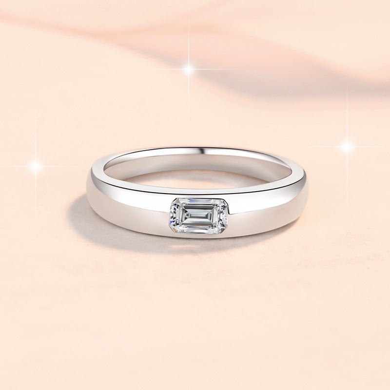 【#306】925 Sterling Silver Moissanite Ring Emerald Cut Bezel Set Sleek Band Fine Gemstone Jewelry Gift for Women
