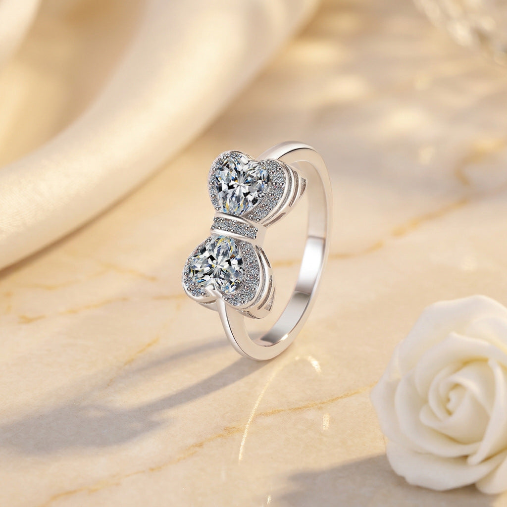 【#328】925 Sterling Silver Bowknot Moissanite Ring Double Heart Sparkle Ring Women Jewelry Gift