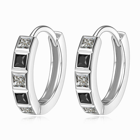 【#324】925 Sterling Silver Moissanite Huggie Hoop Earrings Square Cut Black White Gemstone Earrings for Women Party Gift
