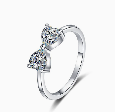 【#322】925 Sterling Silver Bow Ring Moissanite Double Heart Bowknot Sparkling Rings for Women Jewelry Gift