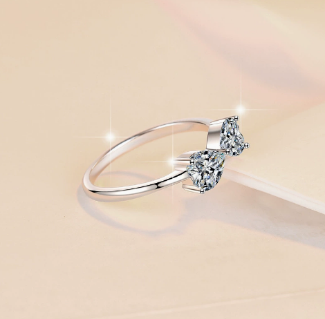 【#322】925 Sterling Silver Bow Ring Moissanite Double Heart Bowknot Sparkling Rings for Women Jewelry Gift