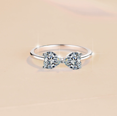 【#322】925 Sterling Silver Bow Ring Moissanite Double Heart Bowknot Sparkling Rings for Women Jewelry Gift