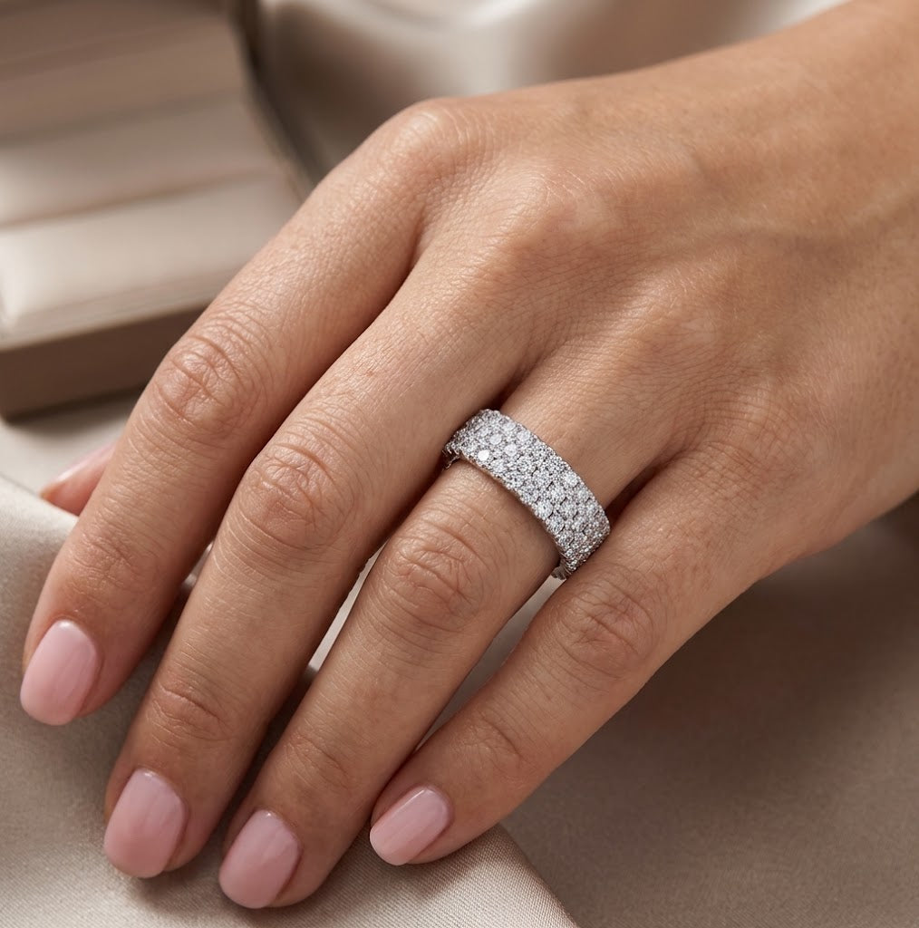 【#343】925 Sterling Silver Moissanite Ring 3 Rows Full Sparkling Gemstone Band Engagement Wedding Party Jewelry for Women