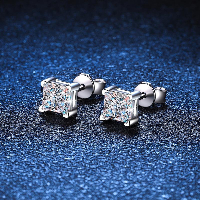 【New Arrival T6】Genuine S925 Sterling Silver Princess Cut Moissanite Stud Earrings for Women Men | Shiny Cubic Zirconia Hypoallergenic Jewelry Gift