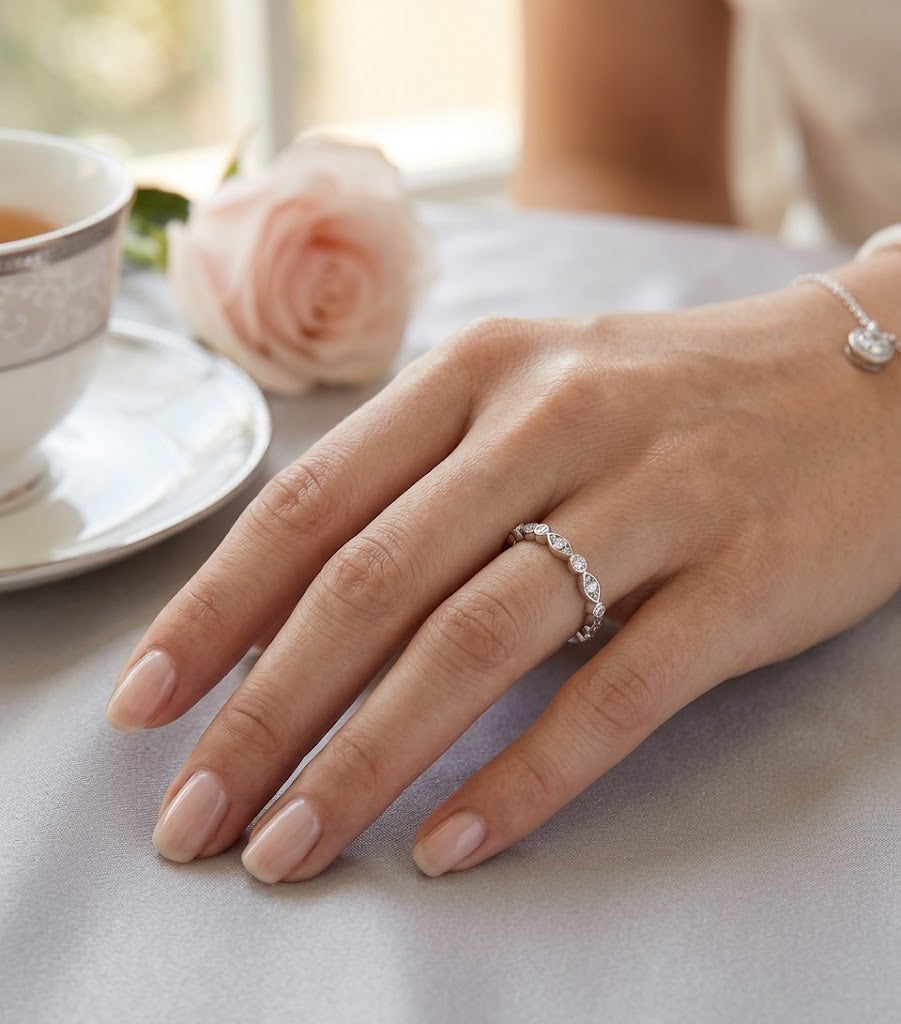 【#312】S925 Sterling Silver Moissanite Ring Marquise Round Geometric Stacking Band Fine Jewelry Gifts for Women
