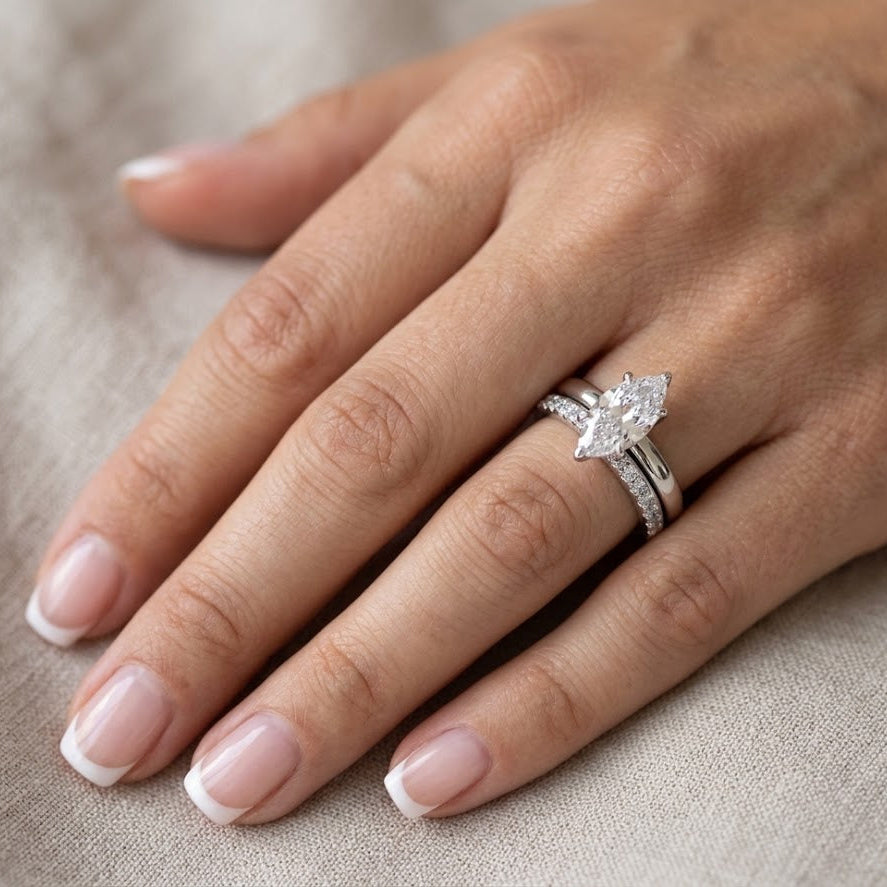 【#338】S925 Sterling Silver Marquise Cut Moissanite Ring Set Elegant Stackable Bridal Wedding Engagement Rings for Women Jewelry