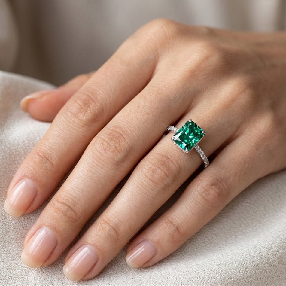 【H2】Radiant 4ct Emerald Cut Green Moissanite Engagement Ring for Women, S925 Sterling Silver Hidden Halo Promise Ring, Anniversary Gift