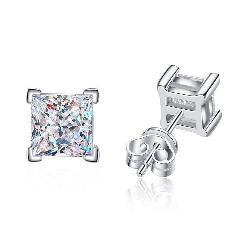【New Arrival T6】Genuine S925 Sterling Silver Princess Cut Moissanite Stud Earrings for Women Men | Shiny Cubic Zirconia Hypoallergenic Jewelry Gift