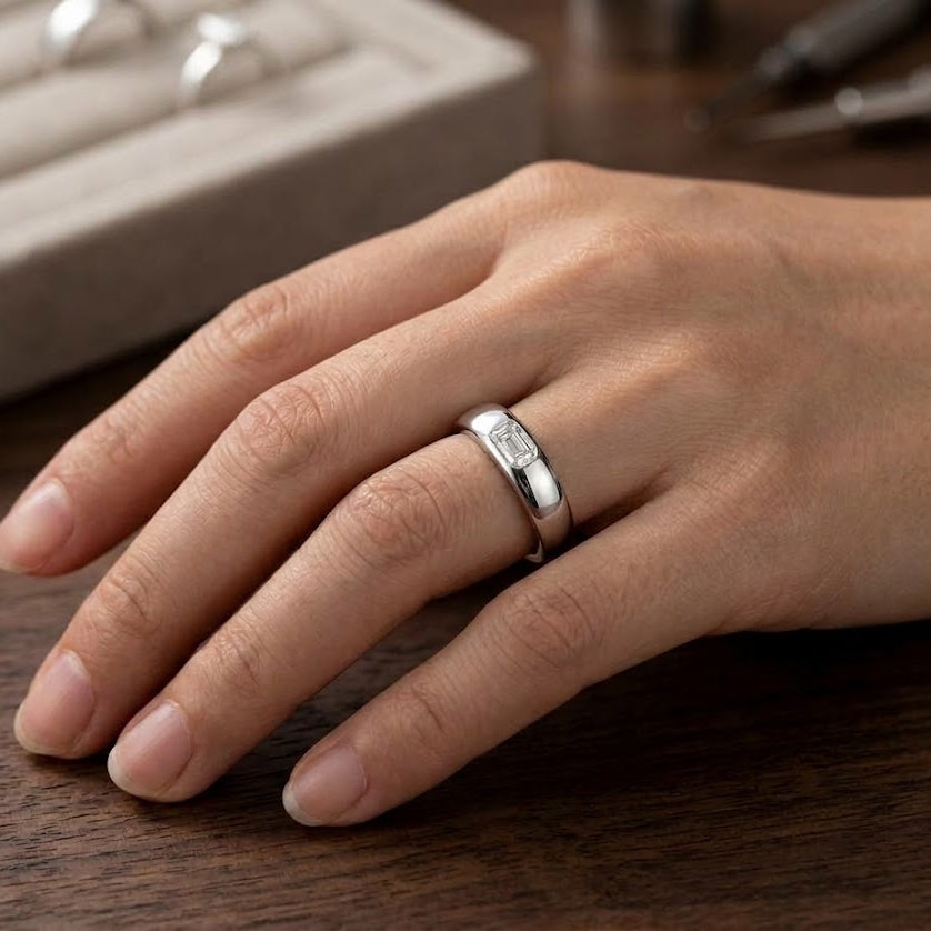 【#306】925 Sterling Silver Moissanite Ring Emerald Cut Bezel Set Sleek Band Fine Gemstone Jewelry Gift for Women