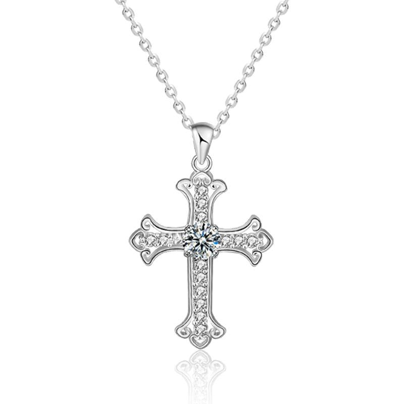 Elegant 925 Sterling Silver Moissanite Cross Pendant Necklace0