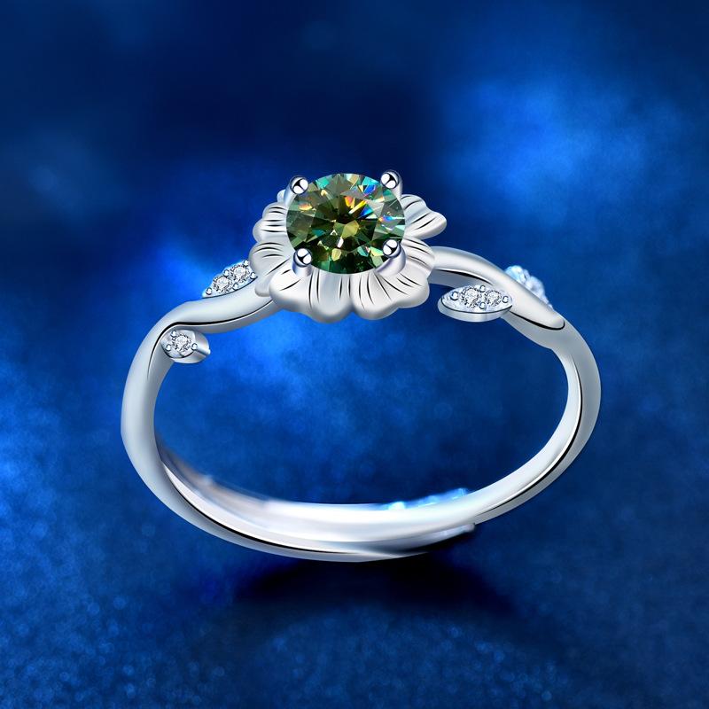 925 Sterling Silver Sunflower Ring with Green Moissanite0